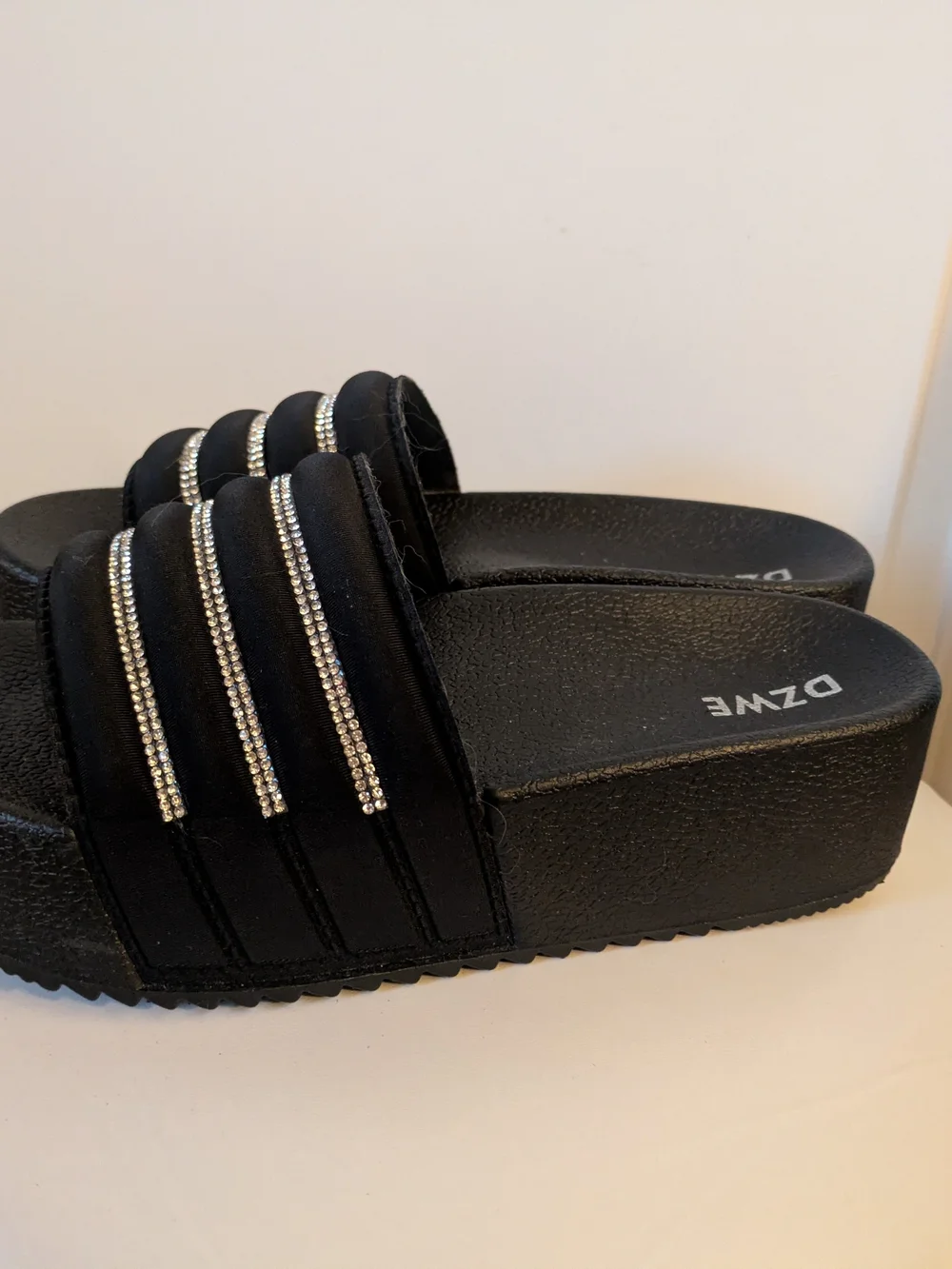 Like New Black Platform Slide Sandals with Rhinestone Straps